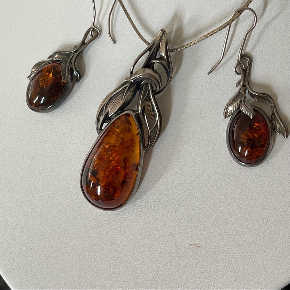 Vintage Sterling silver 925 Baltic Amber necklace pendant pin earrings brooch - Picture 13 of 16